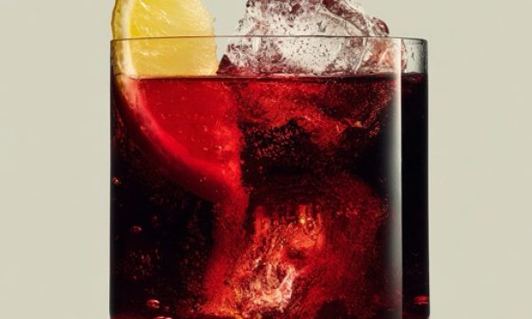 A dark red cocktail with an ice cube and a lemon slice in it, centered in the frame, against a plain background. This appears to be a product photography image. --ar 4:5 --profile fx6wdvc --v 7 Job ID: 66f71042-68b2-4245-a9f8-ee769ef2fe43