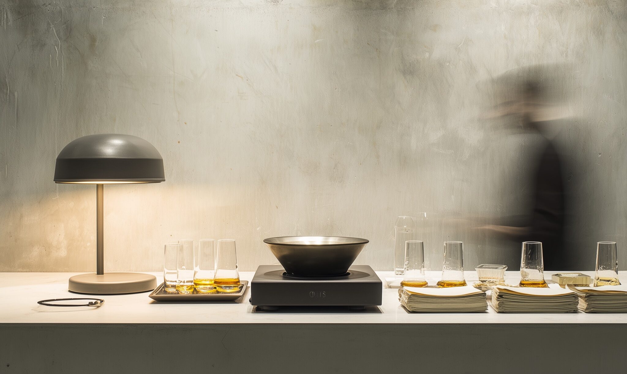 Industrial-chic cocktail prep space, Hoxton loft vibe, polished steel and matte black finishes, technicians calibrating spinning centrifuge equipment, illuminated amber liquid in beakers, airy composition with negative space, soft box lighting, in the style of high-fashion product shoots --chaos 60 --raw --profile xpr6mjc --v 7 Job ID: a0943a80-3255-48bf-ab38-8a0413341494