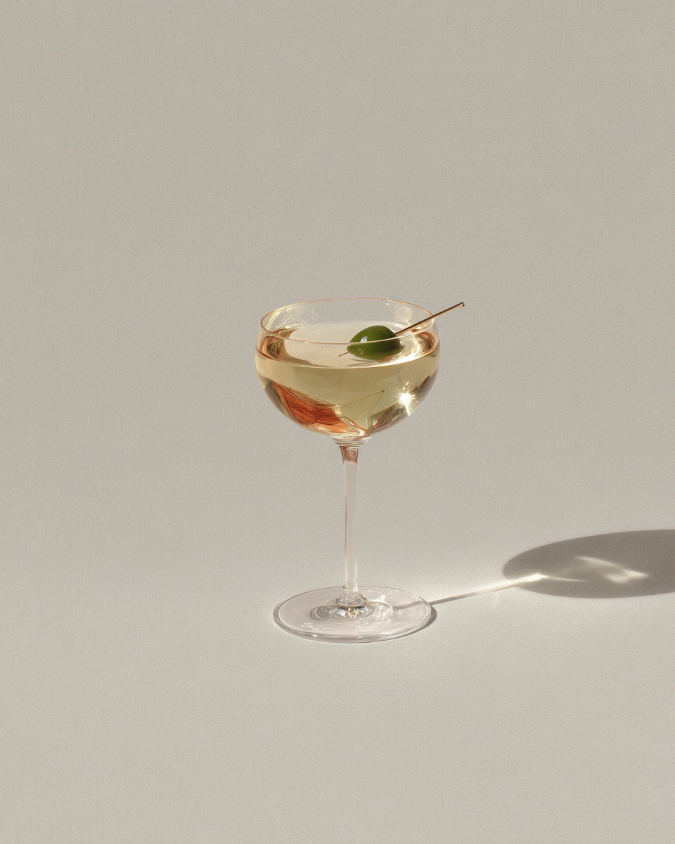 a minimalist photograph of a dry martini served in a chilled coupe glass, garnished with a single green olive on a thin steel pick, placed against a cool grey background with subtle texture, the liquid is crystal clear with hints of reflected silver, in the style of MacBook product photography --chaos 40 --ar 4:5 --raw --profile xpr6mjc u6wddco --v 7 Job ID: 0a28e05a-8d0e-4e1a-9aec-03f3d6b235e3